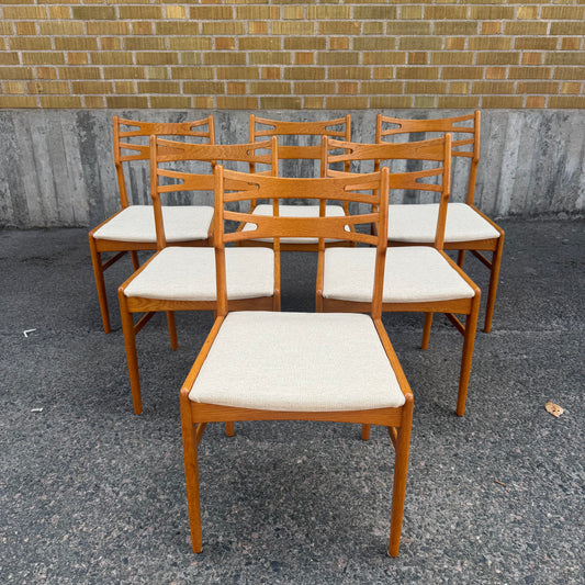 Set med 6st nytapetserade matstolar i ek